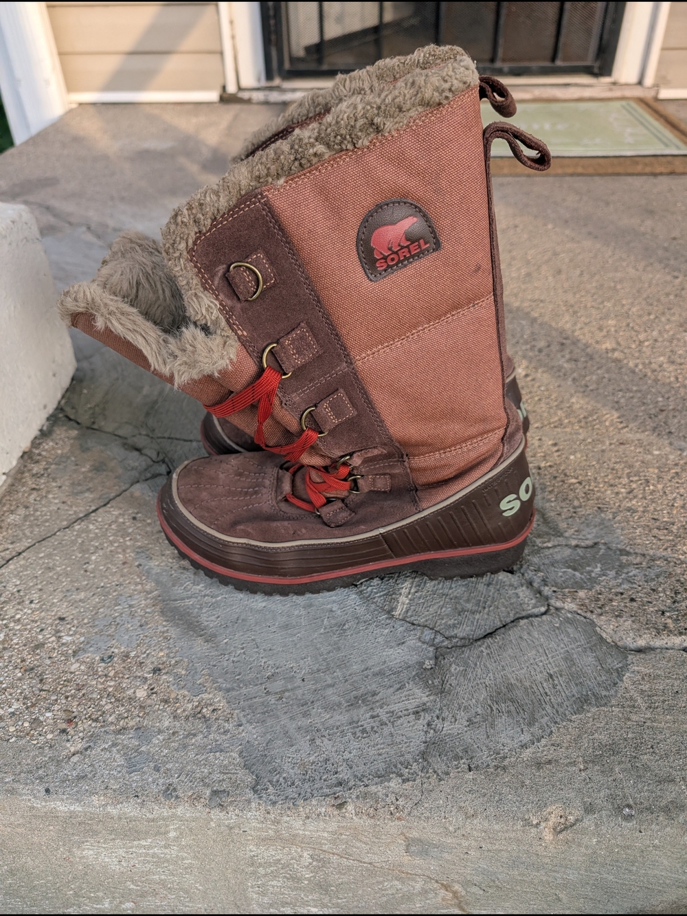 Sorel Women's Tivoli High IBrown an Red Insulated Winter Boot with Faux Fur Trim